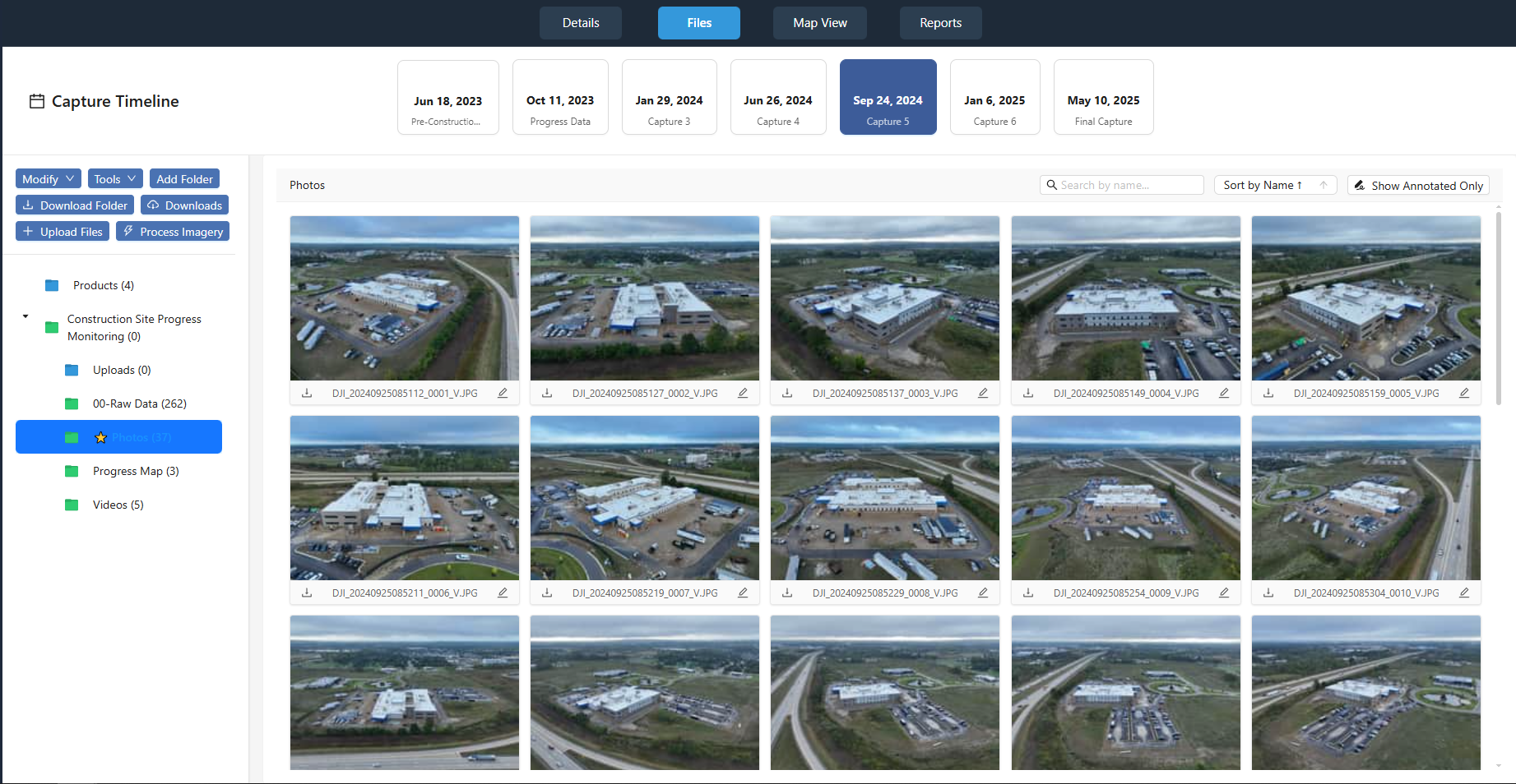 DataDelivery files tab showing capture timeline and organized imagery grid