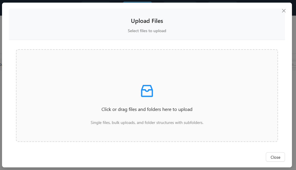 Upload Files window (empty)