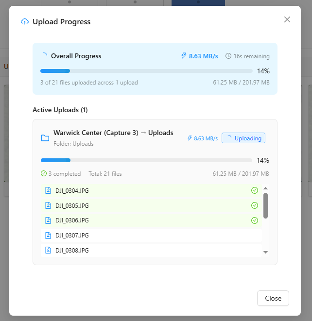 Upload Files window (uploading)