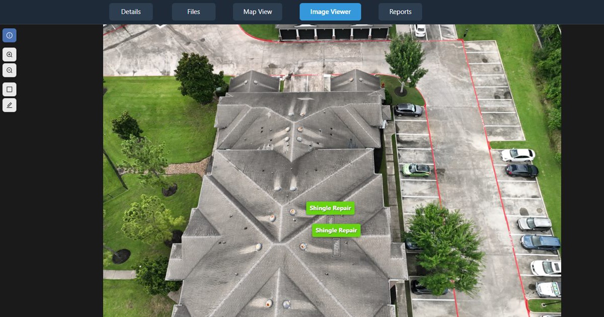 DataDelivery image viewer showing an aerial photo of a roof with two Shingle Repair annotations, the viewer tools and the job tabs