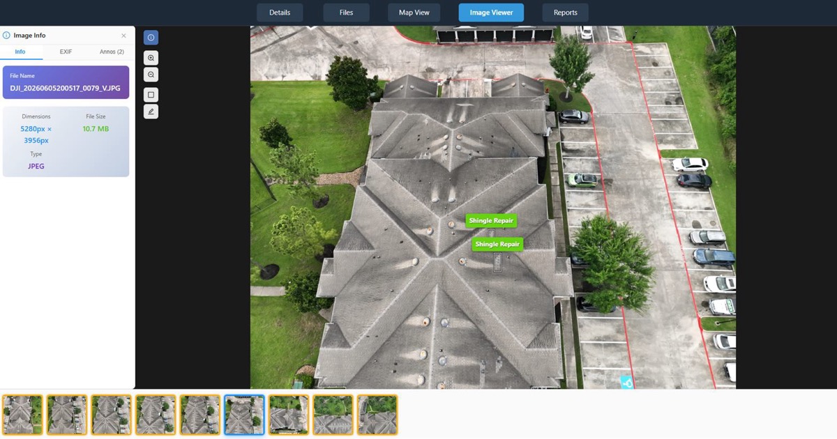 DataDelivery image viewer showing a drone photo of a roof with two annotations, a photo info panel and a thumbnail strip