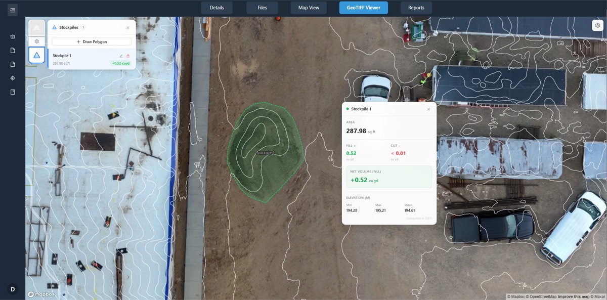 Stockpile volume measurement on a drone orthomosaic with a defined pile boundary